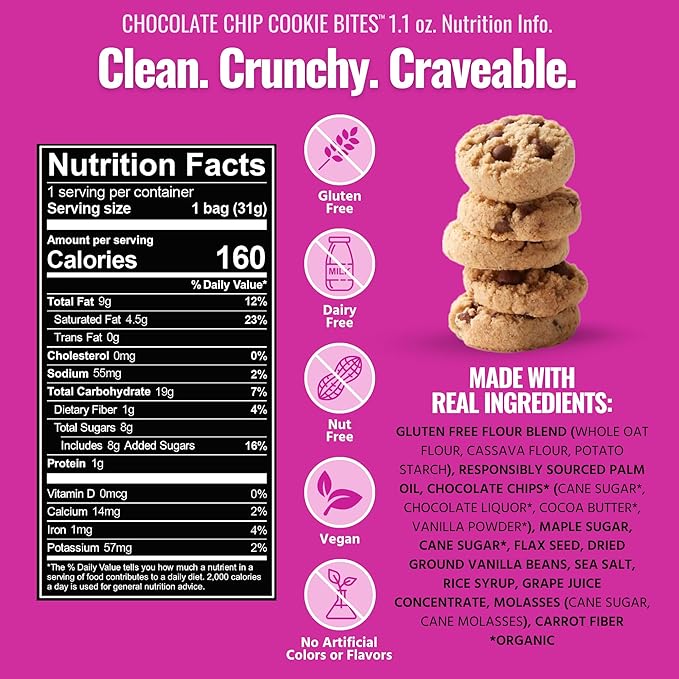 Every Body Eat Crunchy Cookie Bites, Gluten & Dairy Free, Vegan, School Safe Lunch Snacks, Single Serve (Pack of 20) (Chocolate Chip)