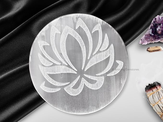 Amazing Gemstone Selenite Crystal Charging Plate For Crystals And Healing Stones, 3" Selenite Crystal Plate Engraved Lotus Flower of Life Coaster For Home, Office Table Decor (Selenite Round Disc)
