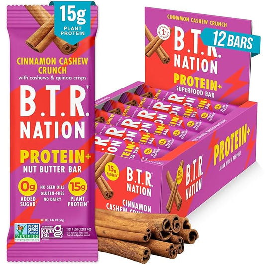 B.T.R. Nation Vegan Keto Plant Based High Protein & High Fiber Bars - Cinnamon Cashew Crunch Protein+ | 12 Bars | Low Carb & GF, Free of Sugar Alcohols, Dairy, Soy and with Powerful Superfoods!