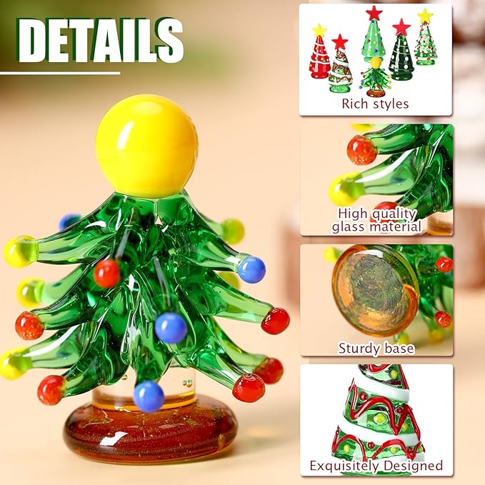 6 Pcs Mini Christmas Tree Glass Gifts Set Ornaments Small Glass Christmas Tree Gifts Holiday Dollhouse Miniature Winter Figurines for Crafts DIY Holiday Xmas Party(Regular,2.36 Inch)