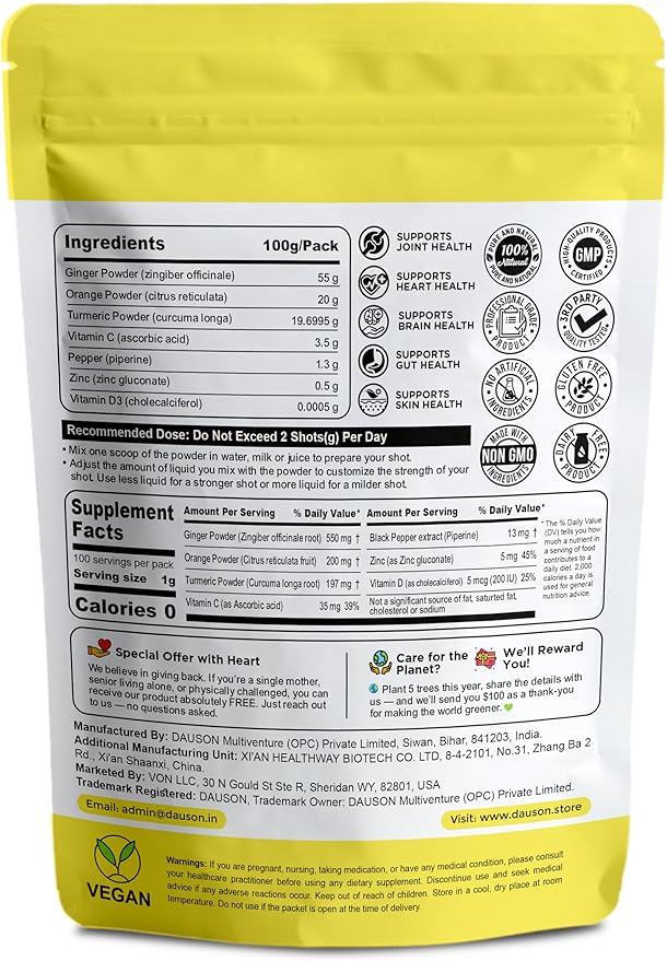 Ginger Turmeric Supplements with Piperine, Vitamin C, Vitamin D3 & Zinc | Turmeric Ginger Shots for Joint, Heart, Brain, Gut & Skin Health | 100 Servings | Ayurvedic | Powder