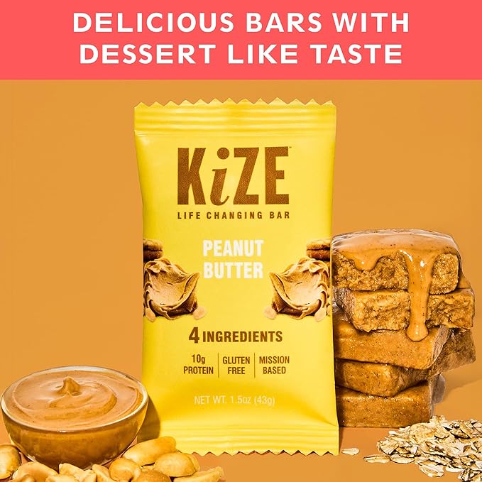 KiZE Energy Bars - Peanut Butter - 30-Count - Gluten Free, Non-GMO, and High Protein Meal Replacement Energy Bars, Clean and Simple Food Ingredients - 10g High Protein Snacks (30 Count)