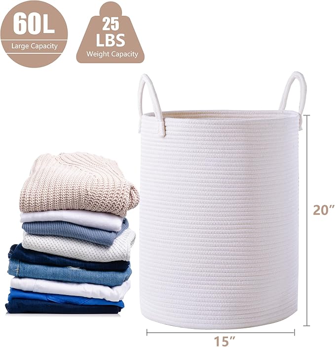 60L Pure White Woven Hamper Laundry Basket Cotton Rope Blanket Basket for Living Room 20 inches Tall Clothes Hamper for Baby Nursery Kids in Bedroom