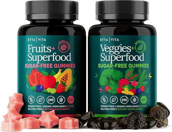 Everyday Debloat & Detox Sugar-Free Fruits and Veggies Gummies - Energy Support with Superfood Fruit and Vegetable Supplement (120 Chews) Cruelty-Free, Vegan, Gluten-Free, Fruit and Vegetable Vitamin