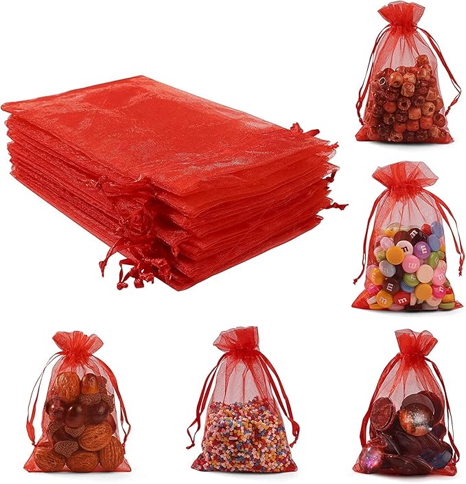 ANZNKU 50PCS Premium Red Organza Bags 5x7 inches Mesh Bags Drawstring, Gift Bag for Party, Wedding Favor Bag, Mesh Pouches, Sheer Mesh Pouches Drawstring