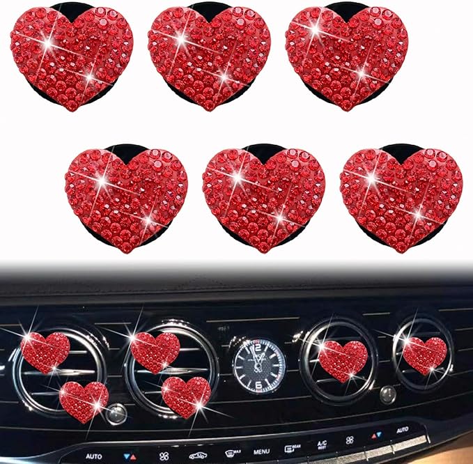 6 Pcs Heart-Shaped Crystal Diamond Air Vent Clip, Heart-Shaped Bling Charms Crystal Car Freshening Diffuser, Car Bling Interior Decorative Accessories for Women (Red)