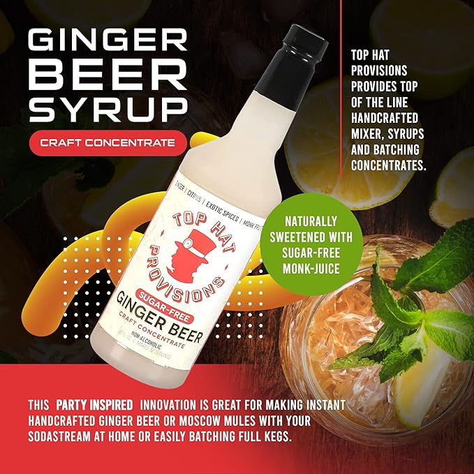 Top Hat Keto Sugar Free Diet Ginger Beer Syrup - Made with Organic Monk Fruit – Zero Sugar Ginger Syrup for Soda Makers - Makes 32 Craft Sodas, Cocktails, Mules or Mocktails - Compatible with SodaStream - 32oz bottle