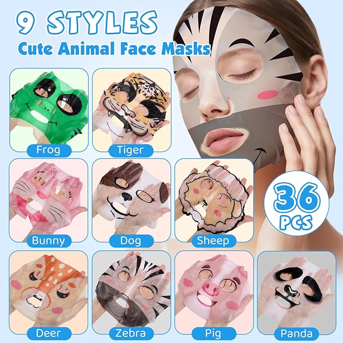 36 Pack Cute Animal Kids Face Mask, Sheet Collagen Moisturizing Face Mask for Girls Teens, Stocking Stuffers for Wome, Bulk Spa Party Gifts and Birthday Gifts