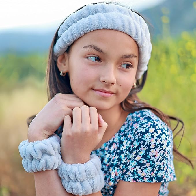 FROG SAC Spa Headband and Wristbands for Face Washing, Fuzzy Skincare Make Up Headbands Set for Women, Soft Puffy Makeup Skin Care Facewashing Hair Band Accessories for Girls (Gray)
