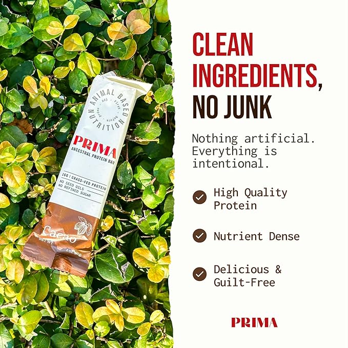 PRIMA ANCESTRAL PROTEIN BAR Grass Fed Protein Bars, 7 Pack – Animal-Based Protein Bar with Beef Tallow, Raw Honey, Seed Oil Free, Low Carb, Gluten-Free – Healthy, Energy Snacks for Clean Lifestyle (7 Pack, Cacao)