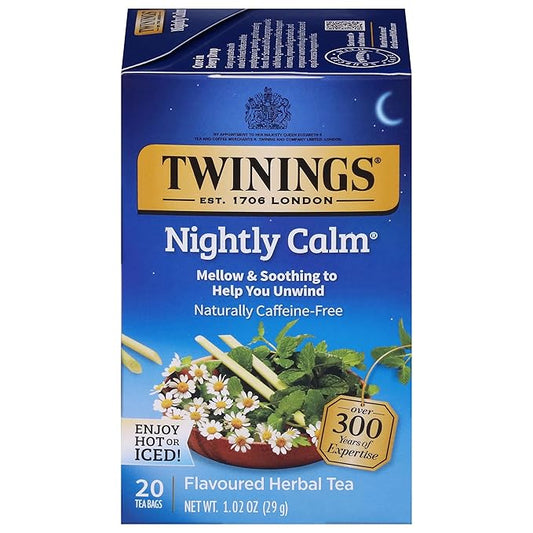 Twinings Nightly Calm Herbal Tea Individually Wrapped Bags, 20 Count (Pack of 1), Spearmint & Lemongrass, Naturally Caffeine-Free, Enjoy Hot or Iced, 20 Teabags