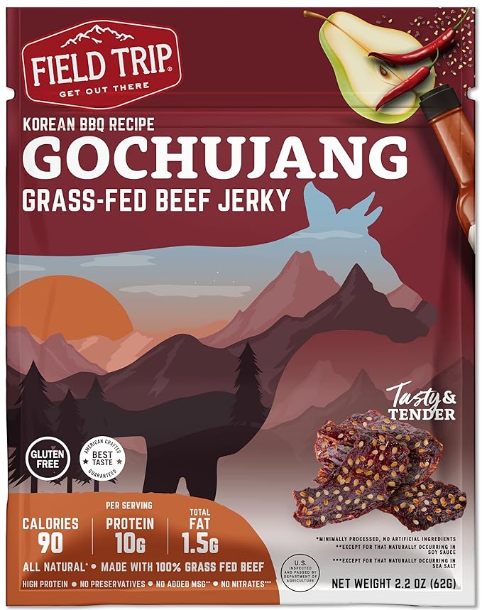 Field Trip Grass Fed Beef Jerky, Healthy Gluten Free Snacks, All Natural, Paleo-Friendly Beef Jerky, High Protein, Low Carb Snack with No Nitrates, 2.2oz Bag, 4 Pack, Gochujang Korean BBQ
