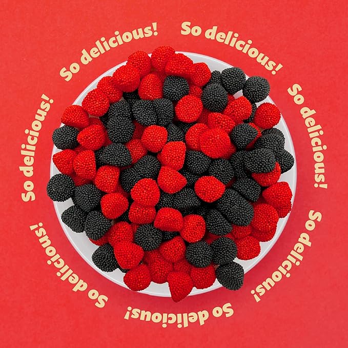 Berries Gummy Candy | 1-Pound Bag | Crunchy Raspberry and Blackberry Chews | Black & Red Halloween Candy for Parties, Buffets, and Treat Bags | Fun Crunchy Gummies