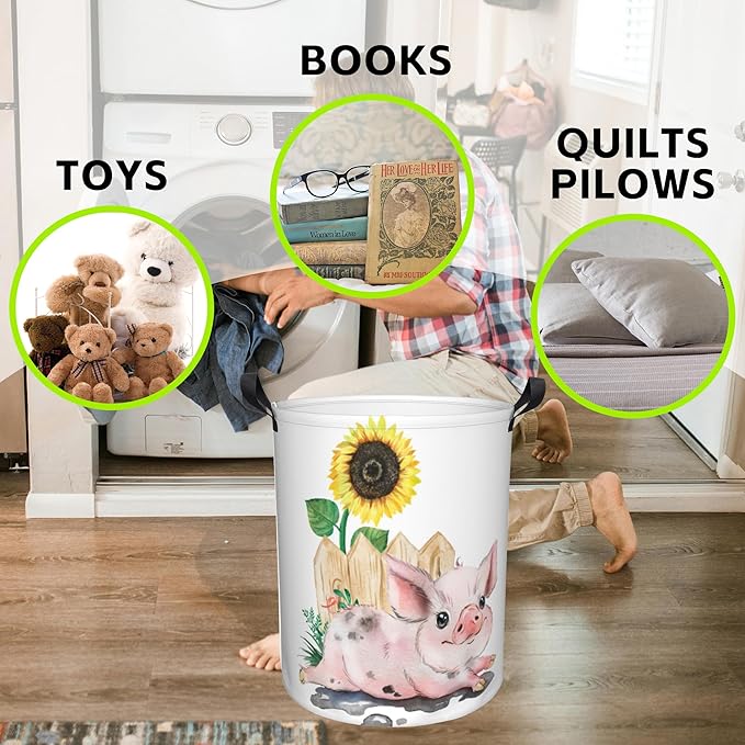 Laundry Basket Cute Pig with Sunflower Laundry Hamper Large Laundry Basket Storage Basket Tote Bag Collapsible Organizer Basket for Bathroom,Laundry,Bedroom 17.3 x16.5 Inch