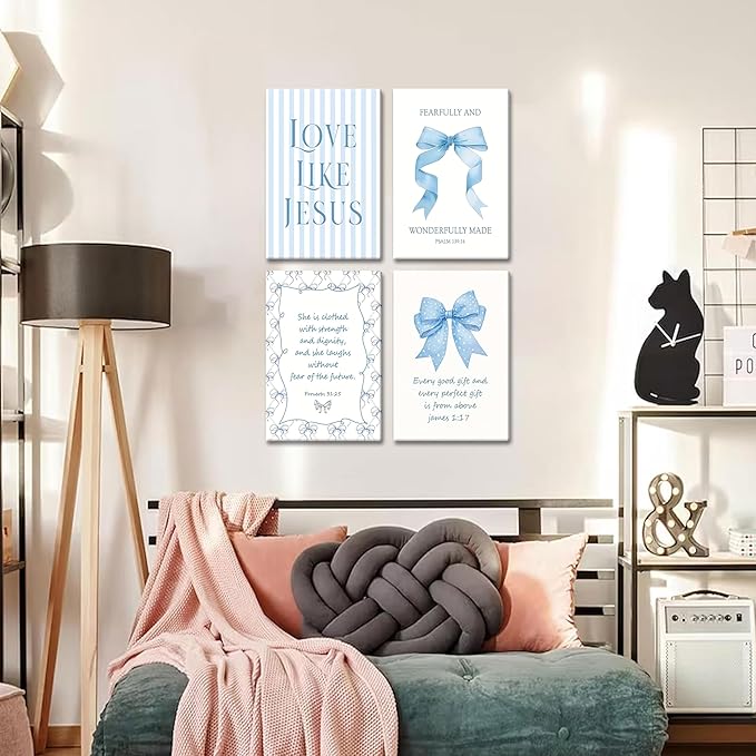 Light Blue Bow Christian Wall Art for Girls Dorm – Coquette Aesthetic Scripture Canvas Prints, Christian Wall Decor for Teen Room, or Bathroom – Framed Cute Spiritual Decor 12x16 inch