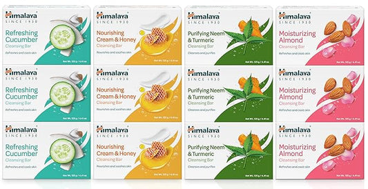 Himalaya Cleansing Bar Soaps Variety Pack, Neem & Turmeric, Almond, Cream & Honey and Cucumber, 4.41 oz, 12 Pack