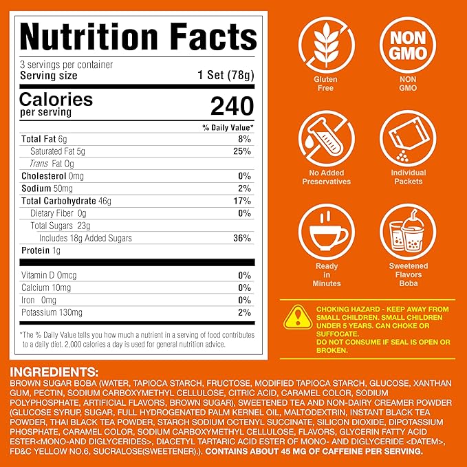 J WAY Instant Thai Milk Tea Kit with Authentic Brown Sugar Tapioca Boba, Ready in Under One Minute, Paper Straws Included - 3 Servings