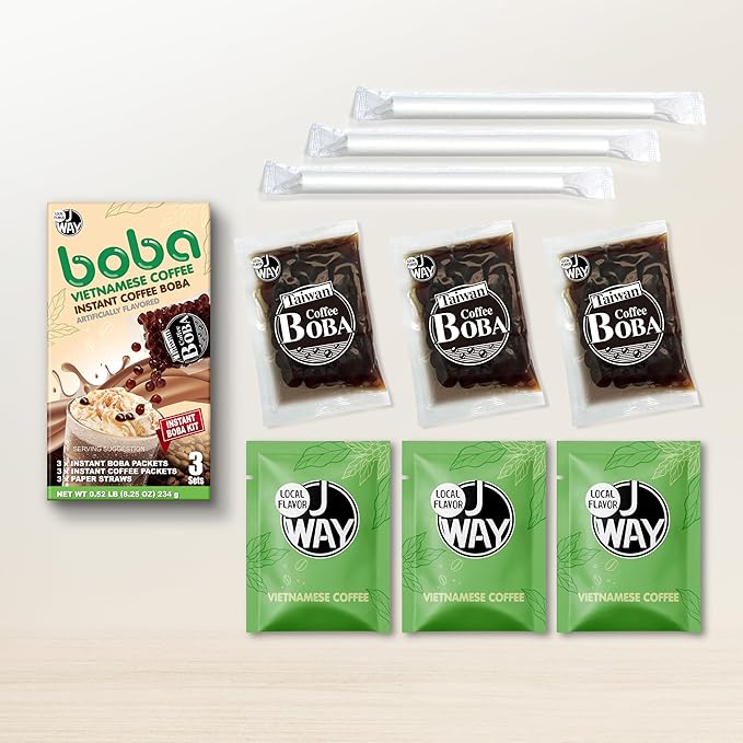 J WAY Instant Vietnamese Coffee Kit with Authentic Brown Sugar Tapioca Boba, Ready in Under One Minute, Paper Straws Included - 3 Servings