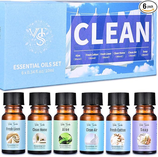 Clean Fragrance Oils Set, Premium Essential Oils for Diffuser, Candle & Soap Making, Freshie Scents - Fresh Cotton, Fresh Linen, Soap, Clean Air & Home, Aloe