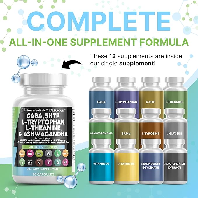 Clean Nutraceuticals GABA 750mg 5 HTP 200mg L Tryptophan 500mg L Theanine 200mg Ashwagandha SAM-e L-Glycine - Mood Support Vitamins for Women and Men with L-Tyrosine 5-HTP (5-Hydroxytryptophan)