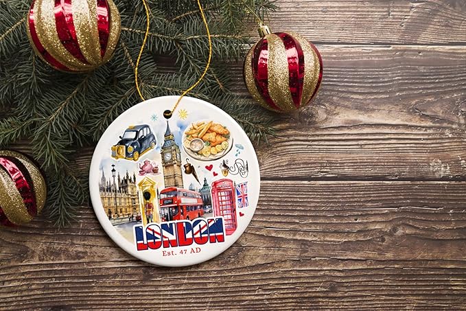 Classic London Artwork City Full of Landmarks Ornament, Vintage Souvenir of England
