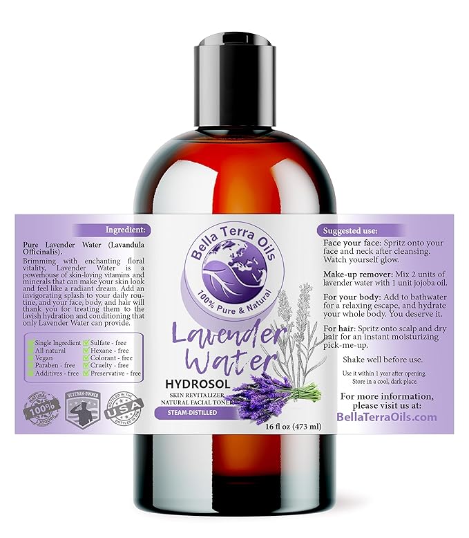 Bella Terra Oils - Hydrosol Water 16oz - Luxurious Lavender Organic Rose Water Blend, Packed with Essential Minerals & Amino Acids, Ultimate Skin Quencher