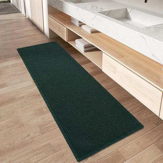 AMOAMI Upgraded Waffle Runner Rug Super Absorbent Non Slip Bath Mats for Bathroom Machine Washable Bathroom Runner Rug with Tassels, Ideal for Hallway Bedroom Laundry Room, 17" x 48", Dark Green