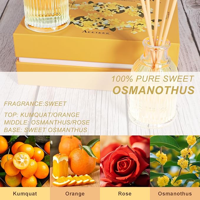 2-Pack Osmanthus Reed Diffuser Set, Kumquat Aroma Essential Oils, Amber Scented Oil Home Fragrance with 10pcs Sticks, Aromatherapy Air Freshener for Room Shelf Bathroom Decor