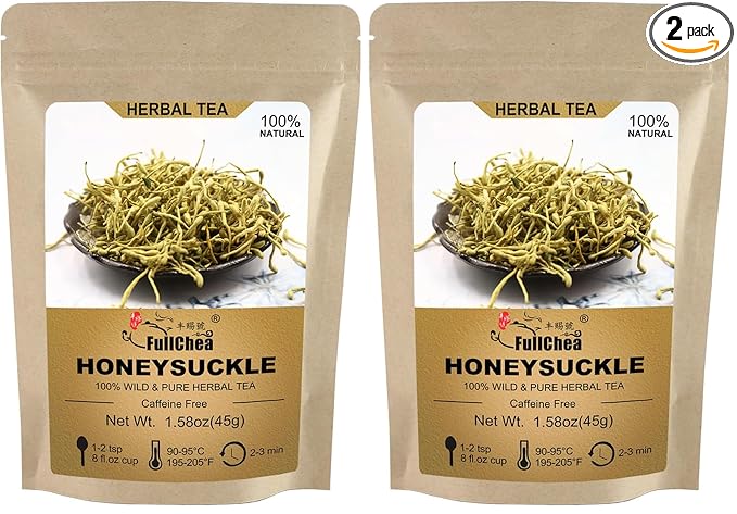FullChea - 100% Pure Natural Dried Honeysuckle - Jin Yin Hua Honeysuckle Tea - Premium Flower Herbal Tea - 1.58oz/45g (Pack of 2)