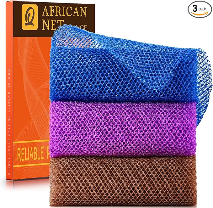 UJFQBH 3 Pieces African Bath Sponge African Net Long Net Bath Sponge Exfoliating Shower Body Scrubber Back Scrubber Skin Smoother,Great for Daily Use (Brown, Blue, Purple)