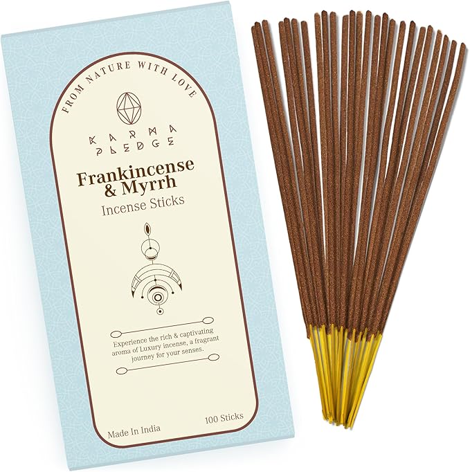 Frankincense and Myrrh Incense Sticks, Organic Hand Dipped 100 Sticks with Natural Herbs & Aromatic Ingredients, Burn Time 45 to 60 Minutes, Incense for Positivity, Yoga, Meditation, Spiritual Gift
