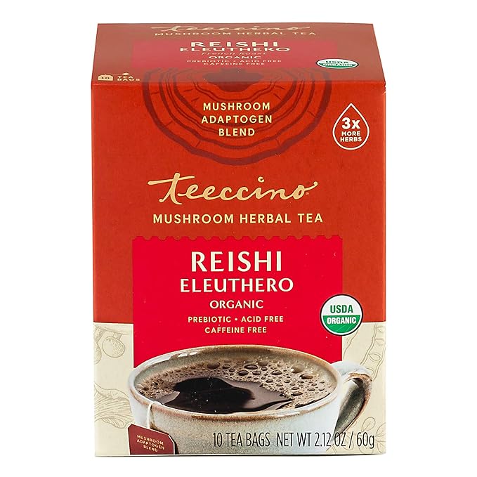Teeccino Reishi Eleuthero Tea - French Roast - Organic Mushroom Adaptogenic Herbal Tea, 3x More Herbs than Regular Tea Bags, Caffeine Free, Chicory Prebiotic - 10 Tea Bags