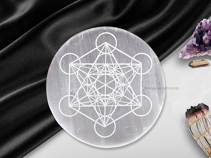 Amazing Gemstone Selenite Crystal Charging Plate For Crystals And Healing Stones, 3" Selenite Crystal Plate Engraved Metatron Coaster For Home, Office Table Decor (Selenite Round Disc)