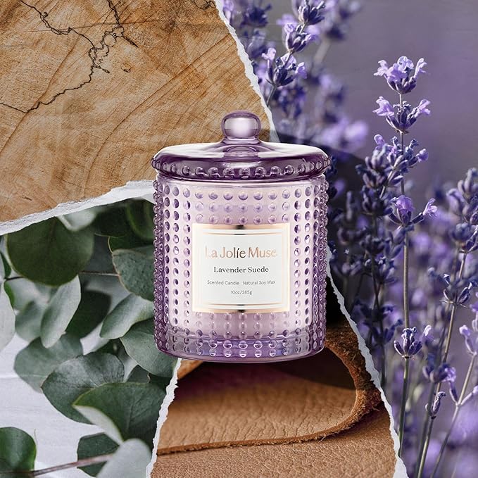LA JOLIE MUSE Lavender Suede Candle - Lavender, Eucalyptus, Sandalwood | 10 oz Natural Soy Wax | 55 Hours Clean Burn | Aromatherapy Candle | Perfect for Relaxation, Self-Care and Meditation