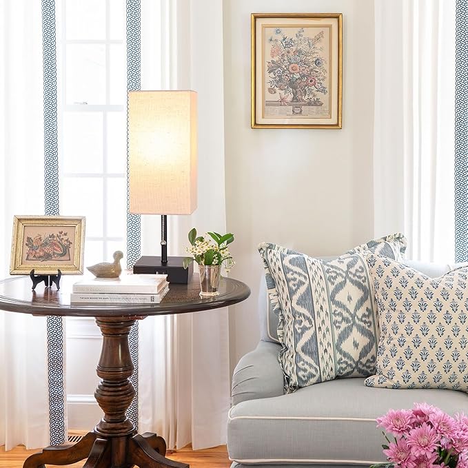 GGOYING Set of 2 Bedside Table Lamp, Pull Chain Table Lamp with USB C+A Charging Ports, 2700K LED Bulb, Fabric Linen Lampshade, Nightstand Lamp for End Table Livingroom Bedroom Office Guestroom