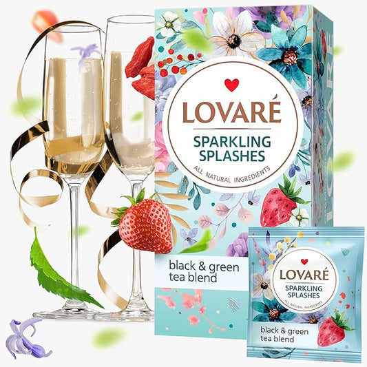 LOVARE Sparkling Splashes Tea Bags 48 g - Made in Ukraine - Classic Black and Sencha Green Flavored Tea Blend - Tea Bags Individually Wrapped - Gift Box Sets for Tea Lovers (24 Tea Bags x 2 g Each)
