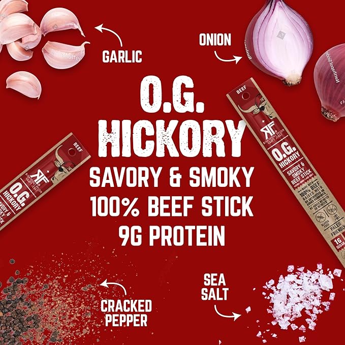 Righteous Felon Meat Sticks | 100% Beef Sticks | Gluten Free & Keto Meat Sticks | Low Sugar & High Protein Beef Sticks | Healthy Snack for Adults | Jerky Gifts for Men | OG Hickory, 24 Pack