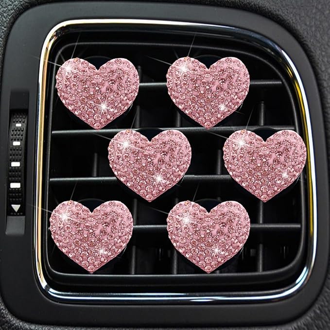 6 Pcs Heart-Shaped Crystal Diamond Air Vent Clip, Heart-Shaped Bling Charms Crystal Car Freshening Diffuser, Car Bling Interior Decorative Accessories for Women (pink)