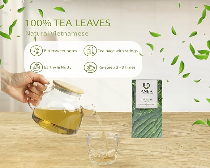 ANBA Green Tea Bags 25 Count | Easy to Brew | Naturally Fresh & Aromatic | Smooth & Refreshing Taste | Mild Natural Energy | Hight Caffeine | No Sugar Added | ISO HACCP Certified