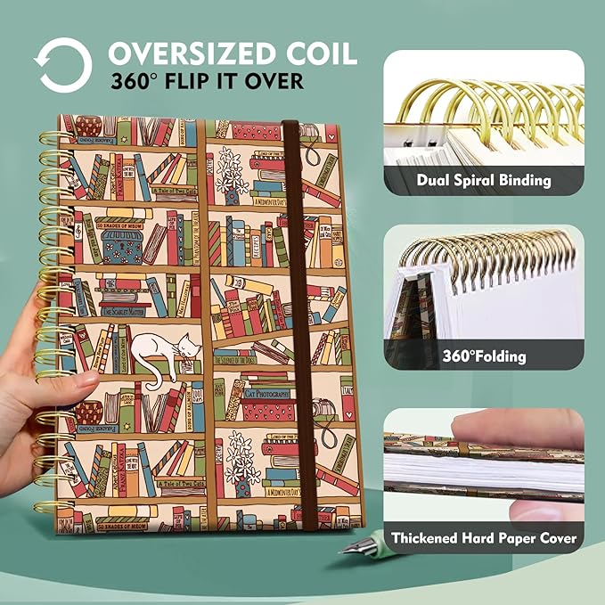 Cute Spiral Notebook, Journal for Women, Hardcover Spiral Journal, 5.5 x 8.3 Inches, 120 Pages,100gsm Paper, for Gifts Nurse Teacher Women Office Supplies(Cute Cat Bookshelf)