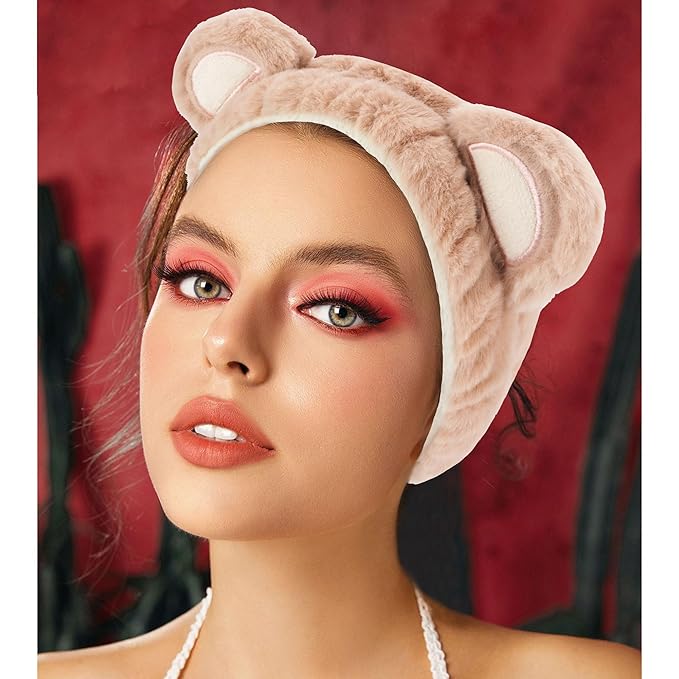 VELSCRUN Spa Headband, Makeup Face Wash Skincare Headbands, 5 Pcs Sponge Get Ready Bear Ears Hairband Facial Wristband Hair Clip Set, Stuff for Teen Girls Women Trendy Fashion Hair Accessories Brown