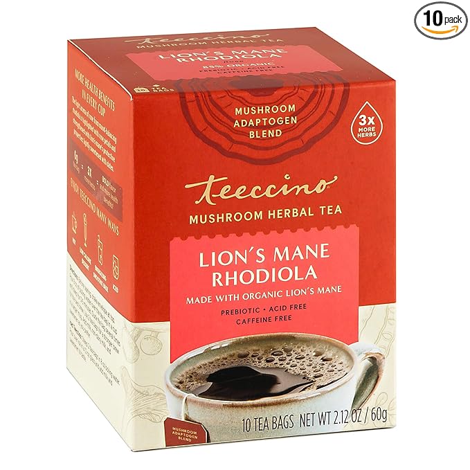 Teeccino Caffeine-Free Mushroom Adaptogenic Herbal Tea - Lion’s Mane Rhodiola Tea - Rose, 3x More Herbs than Regular Teas, Lightly Sweet from Dates & Figs, Chicory Prebiotic - 10 Tea Bags