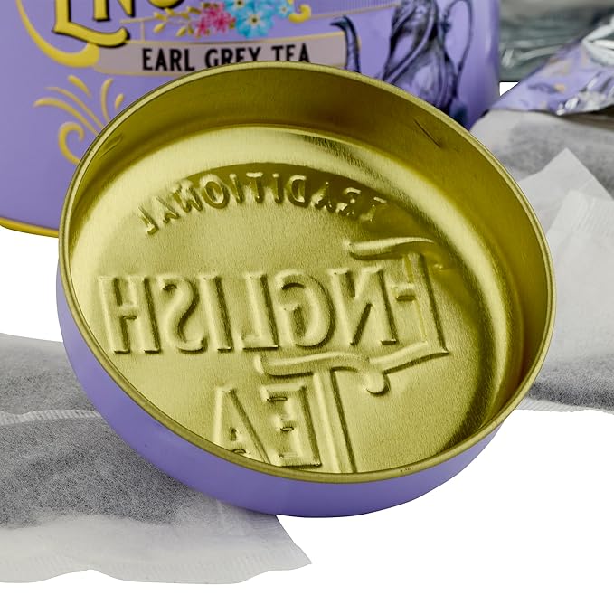 New English Teas VIntage Victorian Tea Caddy with 80 Earl Grey Teabags – Lilac – Forget Me Not Florals & Classic Tea Set Design