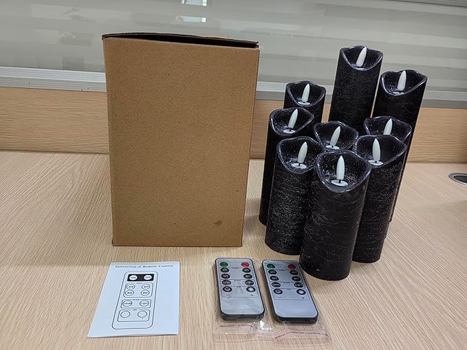 Hausware Set of 9 Flameless Candles Battery Operated LED Real Wax Flickering Electric Candles with Remote Control Timer for Wedding Birthday Halloween Christmas Decorations (Black Color)