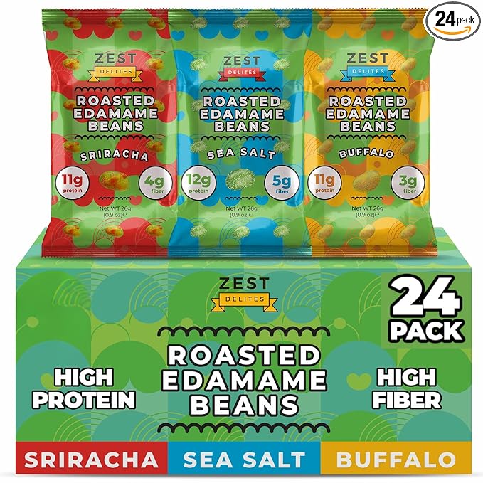 Crunchy Dry Roasted Edamame Beans Snack by Zest Delites, Sea Salt - Sriracha - Buffalo, Vegan, Low Calorie High Protein Snacks, Low Carb, Keto, Gluten Free, 0.9 oz 24 Packs