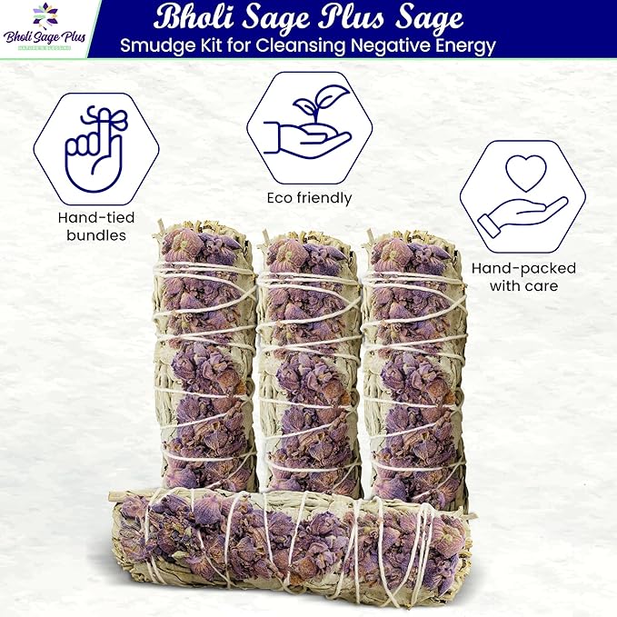 Lavender with White Sage - Bholi Sage Plus Sage Incense Sticks for Cleansing Negative Energy, Sage Sticks for House Cleansing - Lavender with White Sage Smudge Sticks Pack of 4