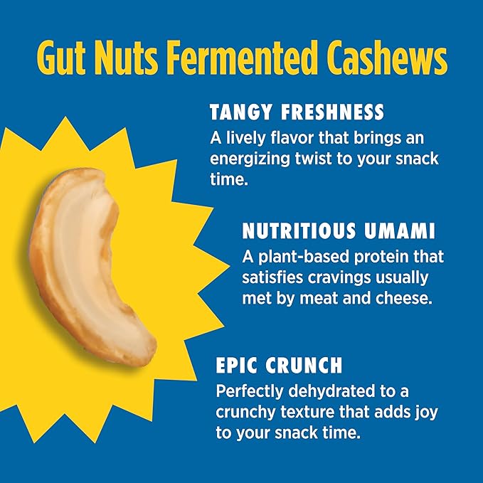 Gut Nuts - Fermented and Sprouted "Sourdough" Cashews for Gut Health - Tangy, Umami, & Salty Flavors - Super Crunchy Low Carb Keto Snacks - Low Sugar Prebiotic & Postbiotic Cashew Snacks - 3oz Pouch (3 Pack) - by Philosopher Foods