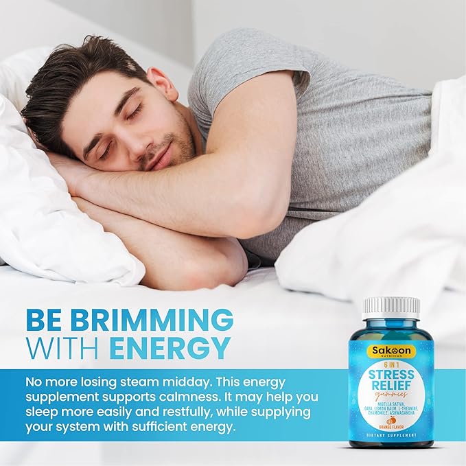 6-in-1 Stress Relief Gummies 60ct - Aids Relaxation with Ashwagandha, GABA, L-theanine, Lemon Balm, Chamomile, Black Cumin Seed Nigella Sativa. Improved Deep Sleep, Joint Support - 60 gummies