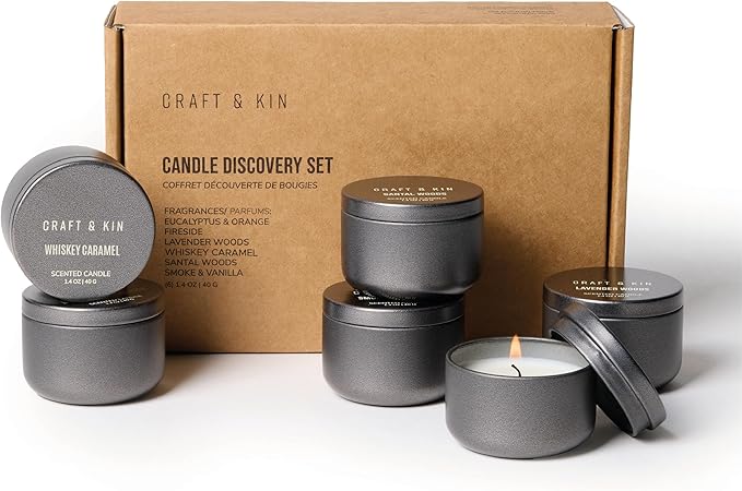 Craft & Kin Scented Votive Candles - Set of 6 | Small Luxury Fall Scented Candles Gifts, Assorted Scents, 15-20 Hours Burn Time Each