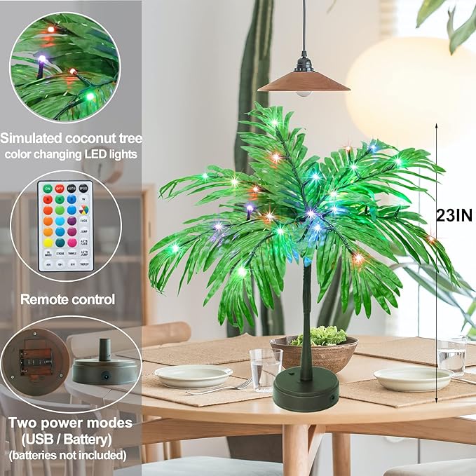 23In Color Changing Light Up Palm Tree - Battery/USB Powered Artificial LED Lights for Tropical Party Decorations, Luau Summer Hawaiian Home Table Top Decor
